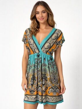 Cristinalove paisley sleeveless summer dress with plunging v neck elastic waist